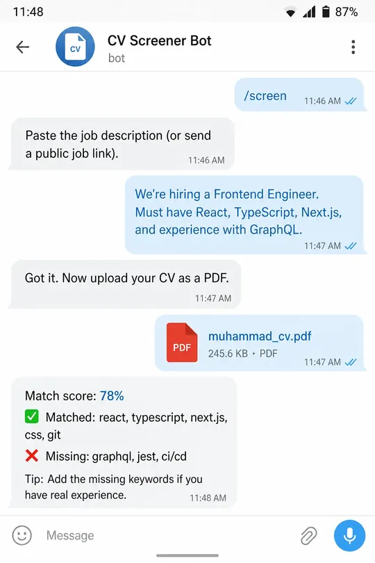 CV Screener Telegram chat showing match score with matched and missing keywords