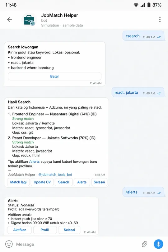 JobMatch Helper search results and alerts controls in Telegram